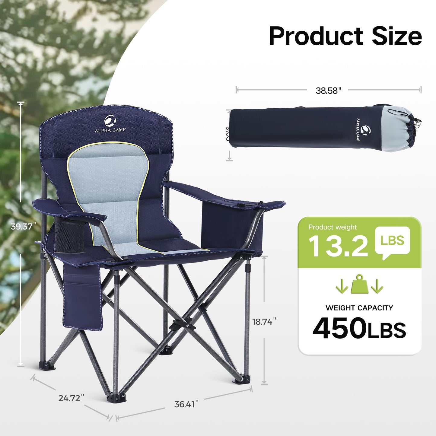 2 Pack Oversized Folding Camping Chairs High Back Heavy Duty Padded Lawn Chair for Adults Support up to 450lbs with Cup Holder, Side Pocket Cooler Bag, Blue