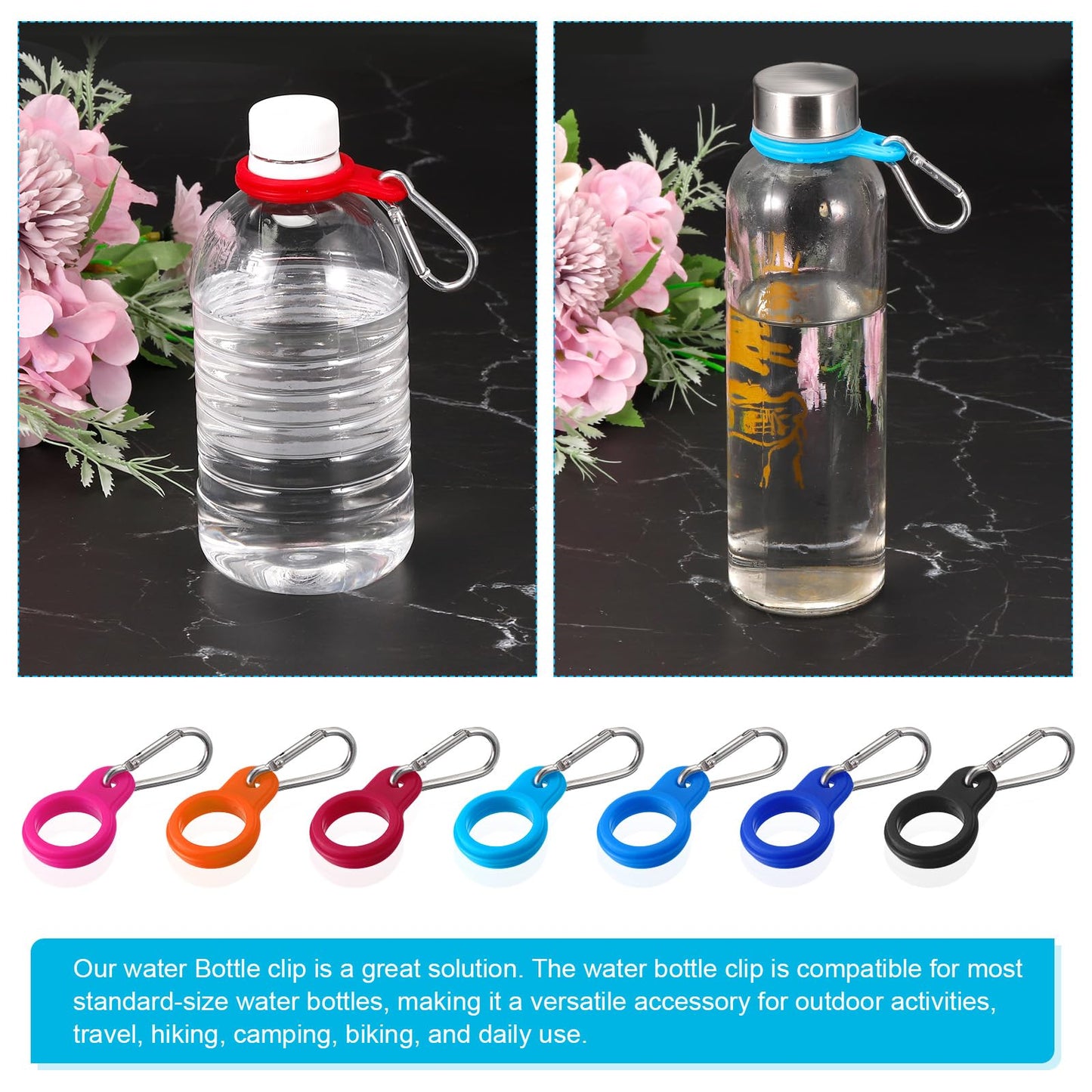 PATIKIL Silicone Water Bottle Clip with Buckle, 7 Pack Drink Holder Hook Keychain Clip Ring for Outdoor Activities Daily Use, Silver Buckle