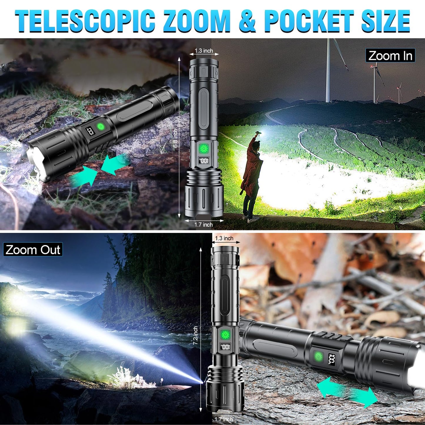 Hoxida Flashlights High Lumens Rechargeable - 2000 Lumens Long Beam Super Bright LED Flash Light with Power Display & IPX5 Waterproof for Camping, 20H Runtime,5 Modes,Zoomable Handheld Flashlight