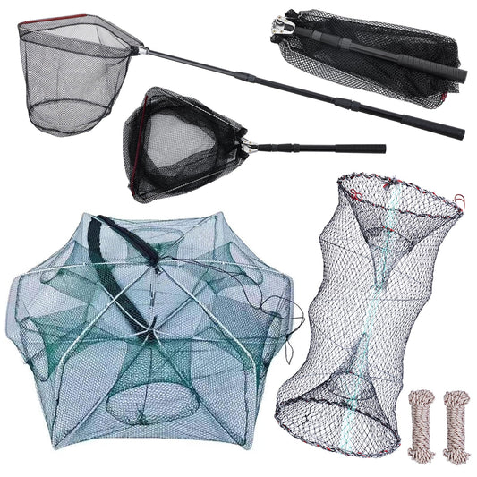 3 Pcs Foldable Fishing Net Accessories for Crab Crayfish Shrimp:Fishing Landing Net with Telescoping Pole Handle, Collapsible Crab Trap Hexagon and 2 Ropes