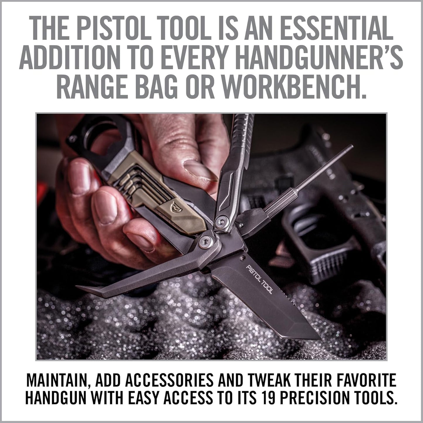 Real Avid Pistol Tool for Gun Maintenance | 19 in 1 Pistol Multitool & Handgun Utility Tool for Striker Fired & 1911 Platforms, Includes 1911 Bushing Wrench, Tanto Knife & Laser Sights Adjusters