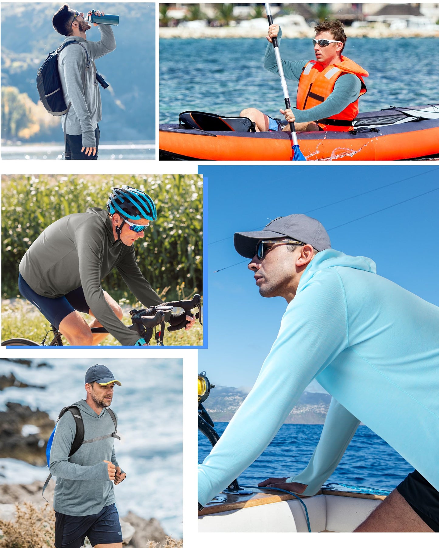 Roadbox Mens UPF 50+ Sun Hoodie, Long Sleeve UV Protection Lightweight Athletic Rash Guard Shirt for Outdoor Fishing Hiking Grey Green