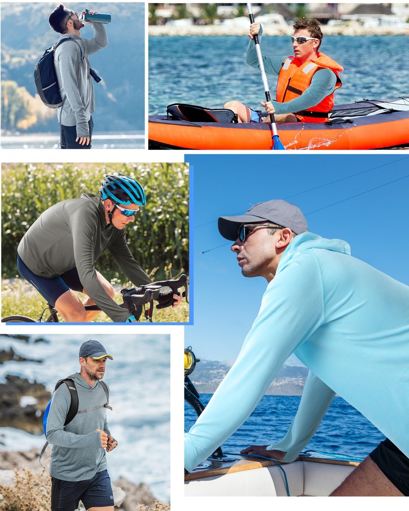 Roadbox Mens UPF 50+ Sun Hoodie, Long Sleeve UV Protection Lightweight Athletic Rash Guard Shirt for Outdoor Fishing Hiking Grey Green