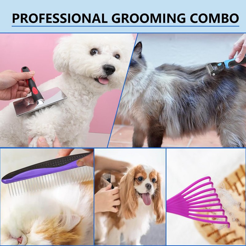 EAFBAO 5-in-1 Dog & Cat Extra Long Pin Grooming Kit Slicker Brush for Large Dogs Cats Remove Loose Fur, Undercoat Brush for Shedding, Dematting Comb & Cleaner for Long Haired Pets