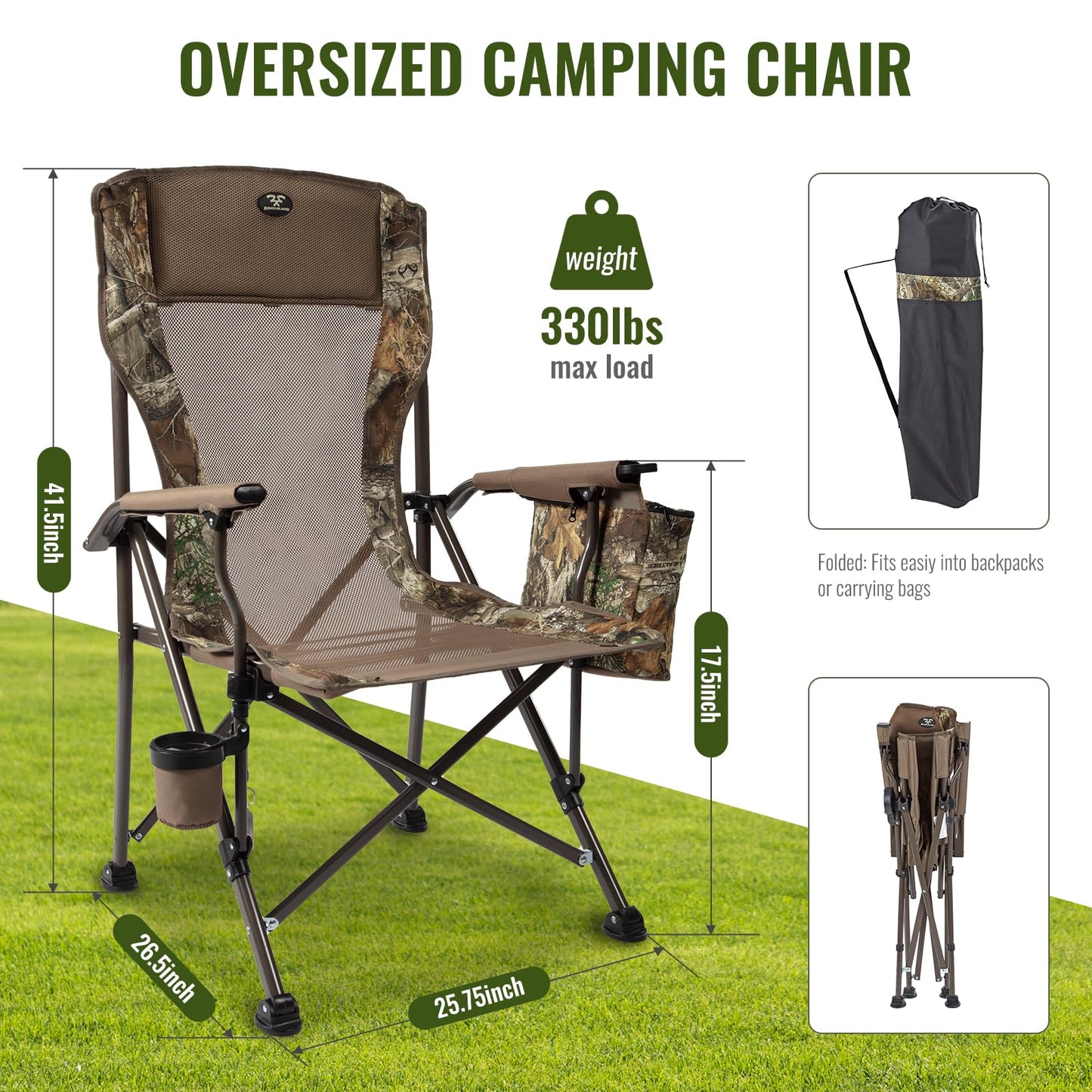 Jungleland Camping Chairs for Adults, 350lbs Support Lawn Chairs, Heavy Duty Portable Chair with Cup Holder & Cooler Bag, for Travel, RV Trip, Fishing, Hunting (Mesh Back&Cushion)