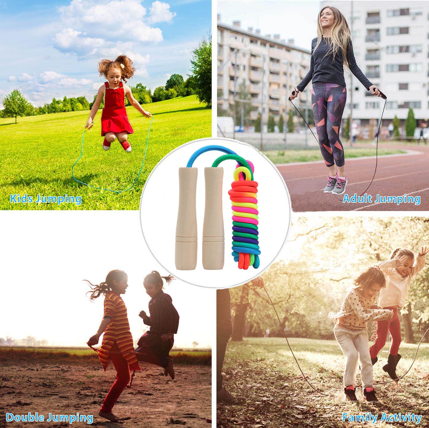 2 Pack Jump Rope for Kids, 8.5ft Adjustable Jump Rope with Wooden Handle and Rainbow Rope, Children Skipping Rope for Boys and Girls Exercise Fitness