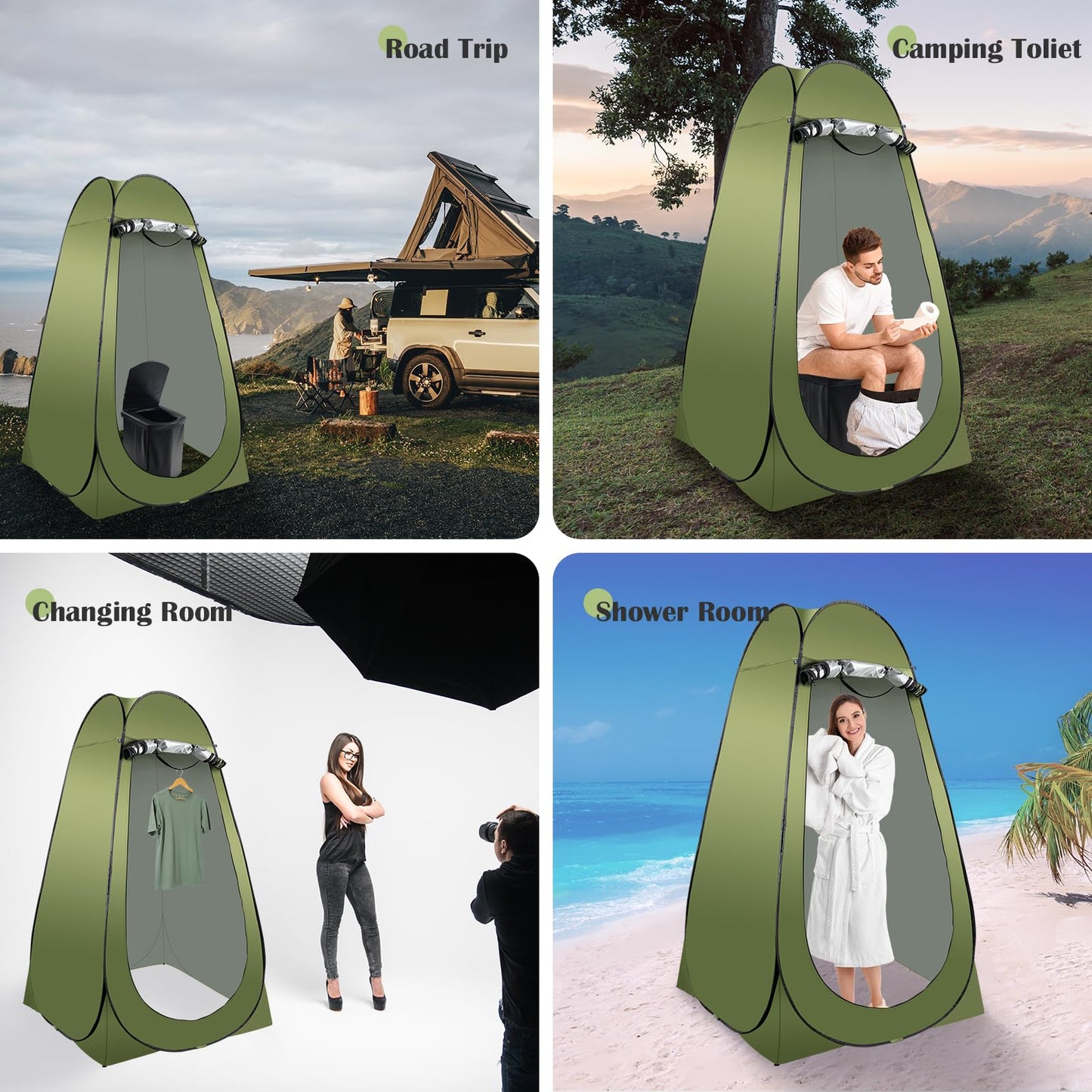 Portable Camping Toilet Kit for Adults, Pop up Privacy Tent, X Large Folding Toilet Potty with Camping Tent, Outdoor Instant Shower Tent Camp Toilet Changing Dressing Room (Green)