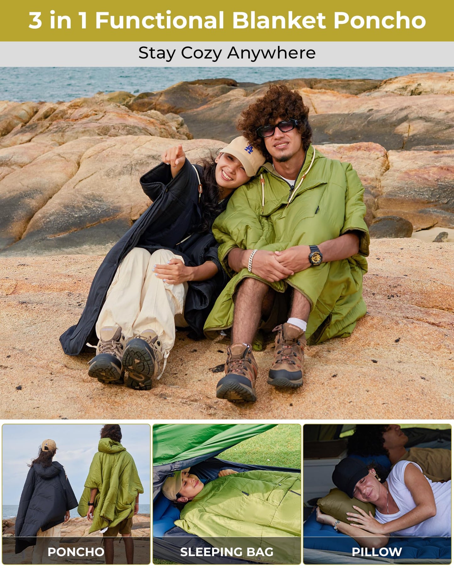 KingCamp Camping Blanket Poncho, Wearable Honcho Hoodie Reversible Cape Windproof Water-Repellent Recycled Poncho with Snap Buttons for Outdoor Camping Hiking Stadium Travel (Green, 66" x 48")