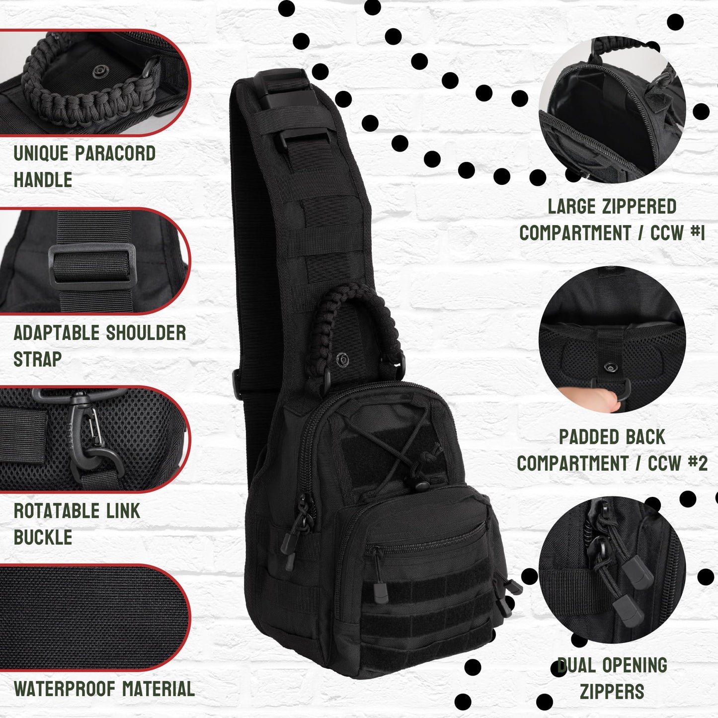 Sling Bag for Men - Lightweight & Compact EDC Gear Bag for Travel, Range, Hiking, Outdoor Sports - Weatherproof and Durable Nylon Crossbody Range Bag Day Pack - Black CCW Sling Bag