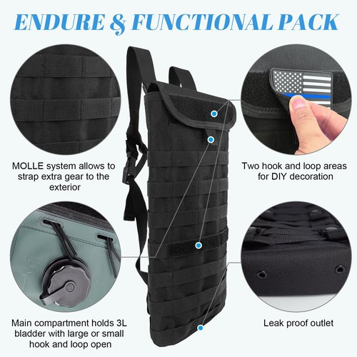 EASY BW Tactical MOLLE Hydration Pack Carrier Backpack with 3L Water Bladder for Outdoor Sports, Black