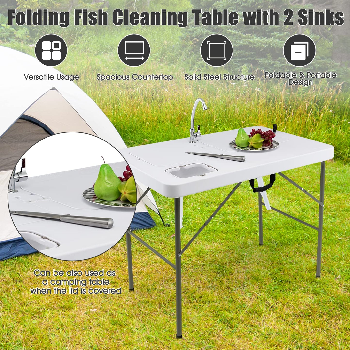 Julimoon Folding Fish Cleaning Table, Portable Camping Table w/ 2 Sinks, 360° Rotatable Faucet, Heavy Duty Camping Sink Station w/Hose Hook Up, Outdoor Fillet Picnic Table for Camping, Beach, White