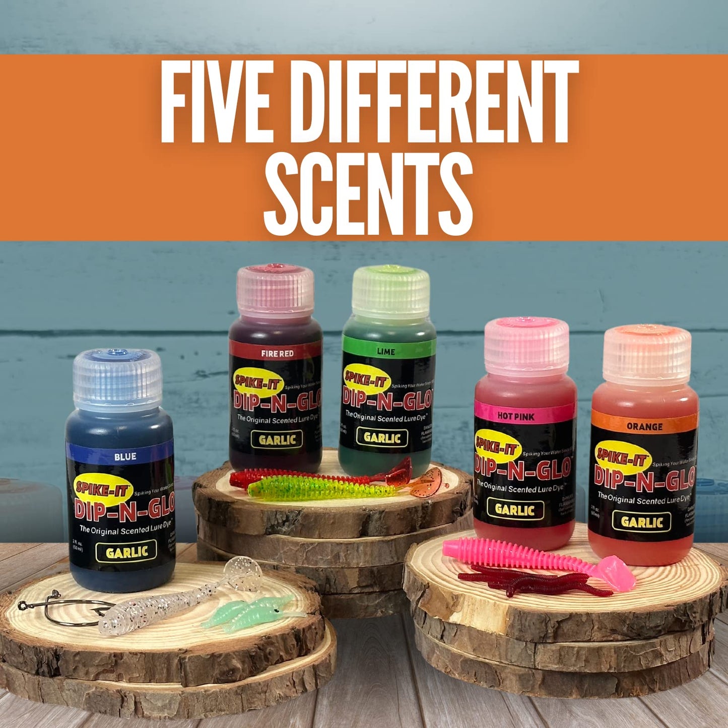 Spike-It Dip-N-Glo Garlic Lure Dye | Lure Dip for Soft Plastic Baits | Strong Garlic Scent & Vivid UV Color | Make your Lures Unresistable to All Fish | Pack of 5 x 2 Oz Bottles