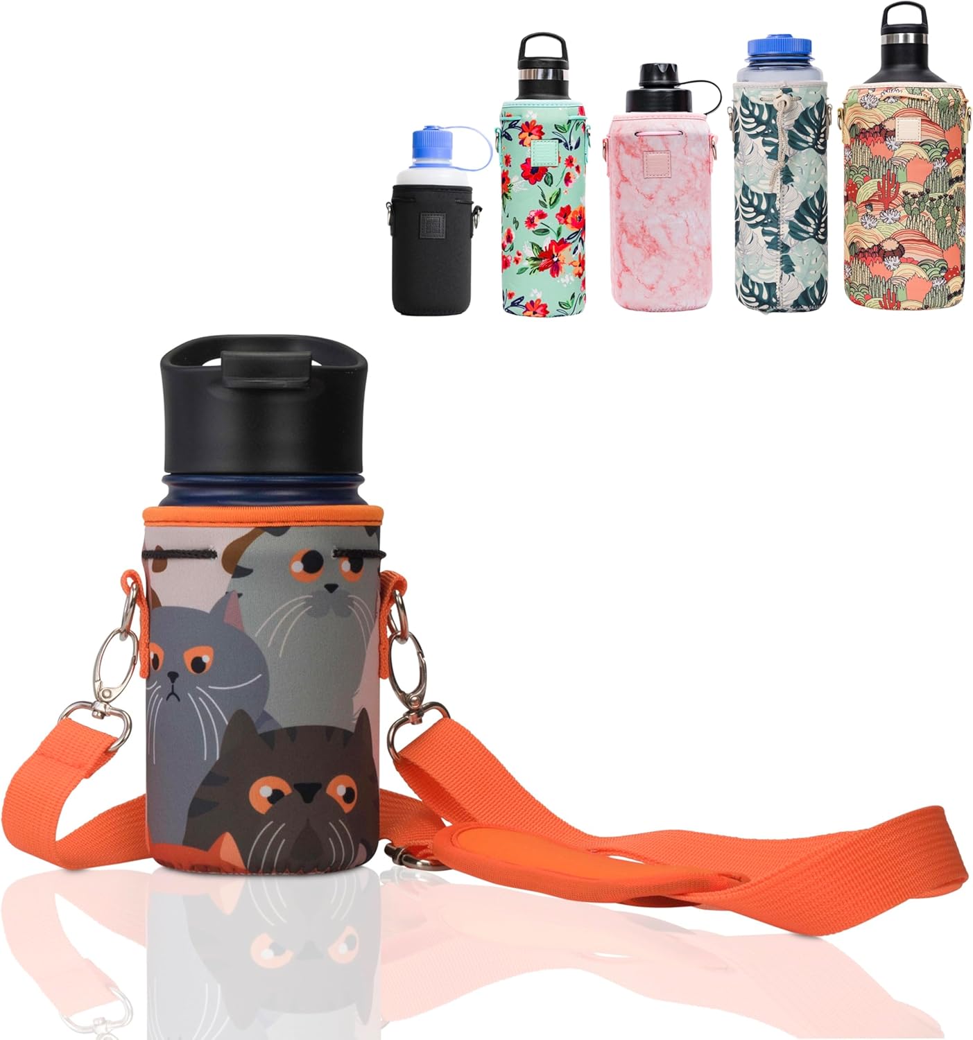 Insulated Neoprene Water Bottle Carrier | Adjustable Sling Pouch | Black, Large