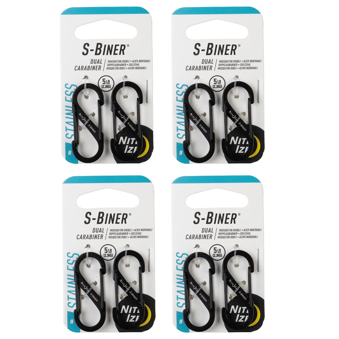 Nite Ize S-Biner Stainless Steel Dual Carabiner - Double Sided Carabiner Clip - Dual Carabiner Holder for Keys, Water Bottles & Gear - Size 1, Black, 8 Count (4 Pack)