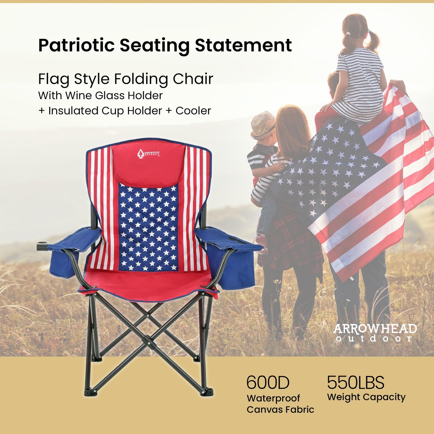 ARROWHEAD OUTDOOR Portable Deluxe Folding Camp Quad Chair w/Headrest, Glass & Cup Holders, Armest 6-can Cooler, Heavy Duty Carry Bag, 550 lbs Weight Capacity
