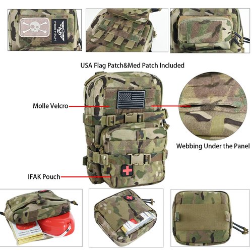 Tactical Mini Molle Hydration Pack,Molle Hydration Carrier with IFAK Pouch&US Flag&Med Patch,Hydropack for 2L Water Bladder (CP)