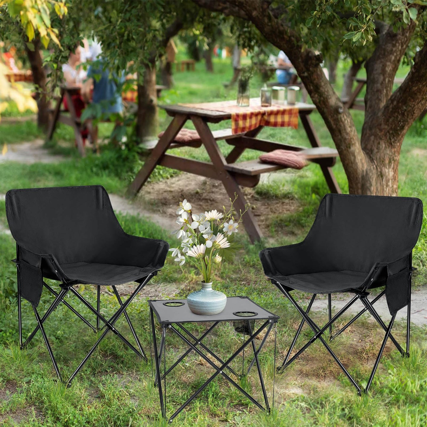 Leonyo 2 Pcs Portable Camping Chairs for Adults, Comfortable & Oversized Lawn Chair & Folding Camping Table for Outdoor Sports, Fishing, Rv Travel, Beach, Picnic – Black