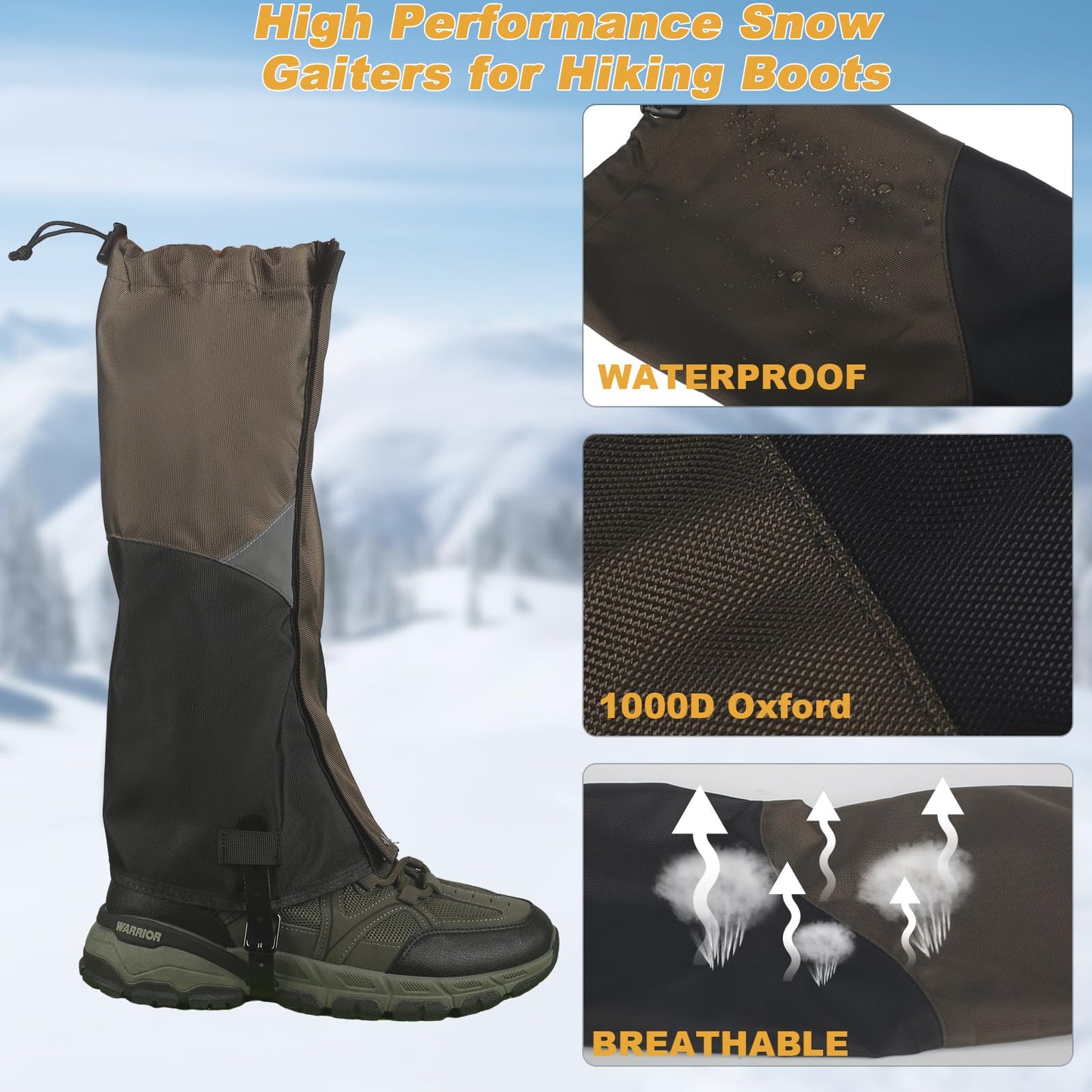 Gators for Hiking Boots and Shoes Waterproof 1000D Oxford Snow Boot Gaiters Lightweight Adjustable Men Women Leg Protection Covers Fit Hiking Hunting Mountain Climbing Skiing Snowshoeing Weed Eating