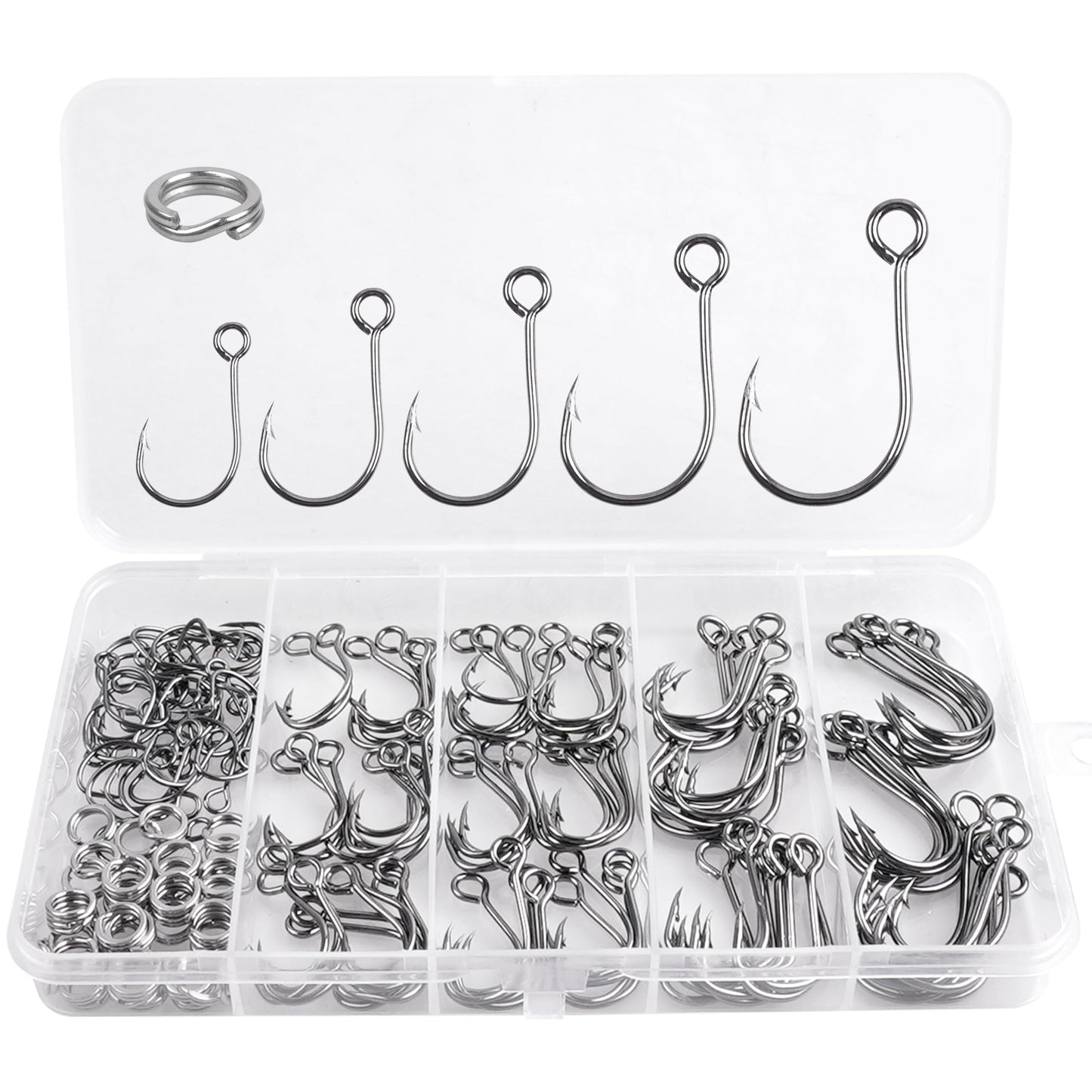 150pcs Inline Single Hooks Kit Fishing Replacement Hooks for Lure Plugs Baits Large Eye Inline Circle Hook with Split Rings Freshwater Saltwater Fishing Tackle