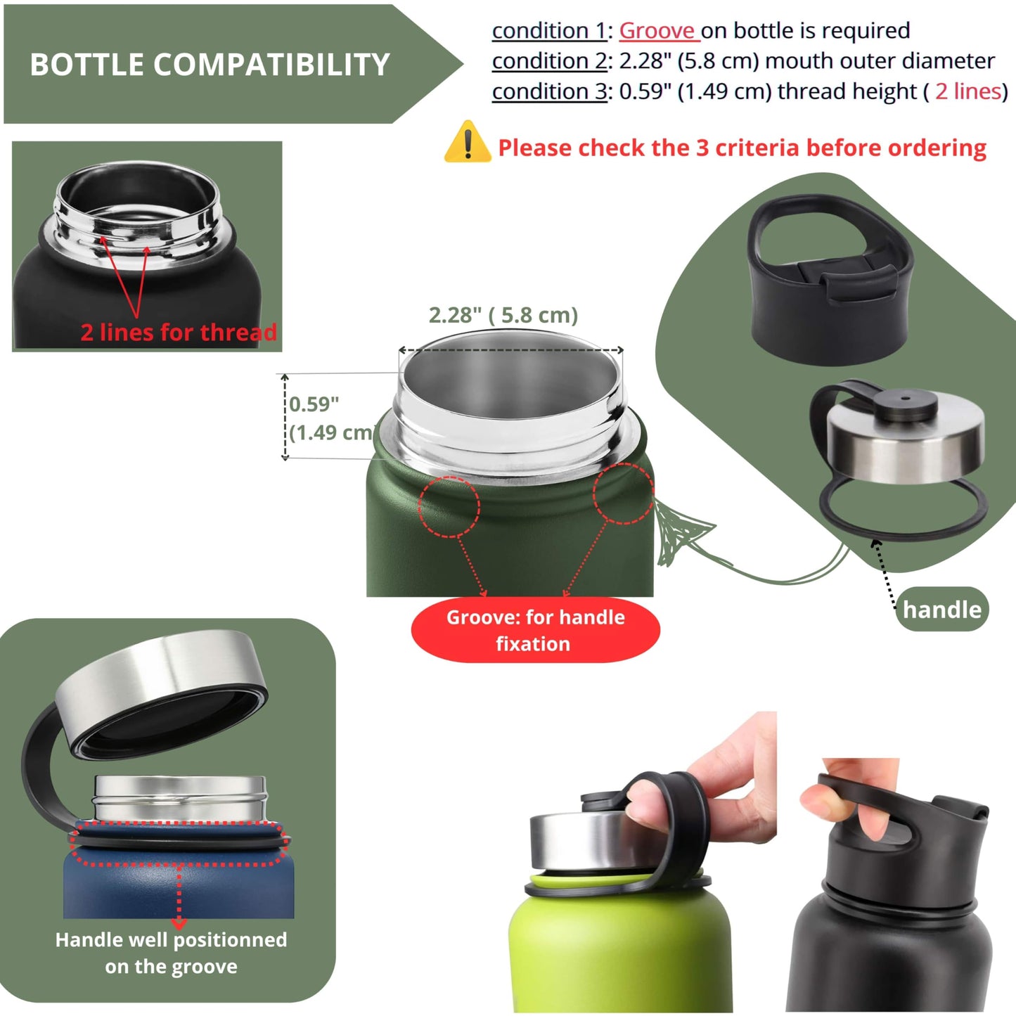 2 Water Bottle Lids W/Handle — Flip-Flop Lid & Stainless Steel Lid — Leak Proof & Insulated Gym Bottles Flip Lids for Wide Mouth Bottle — Compatible w/most Sports Water Bottle from 12-64 Oz