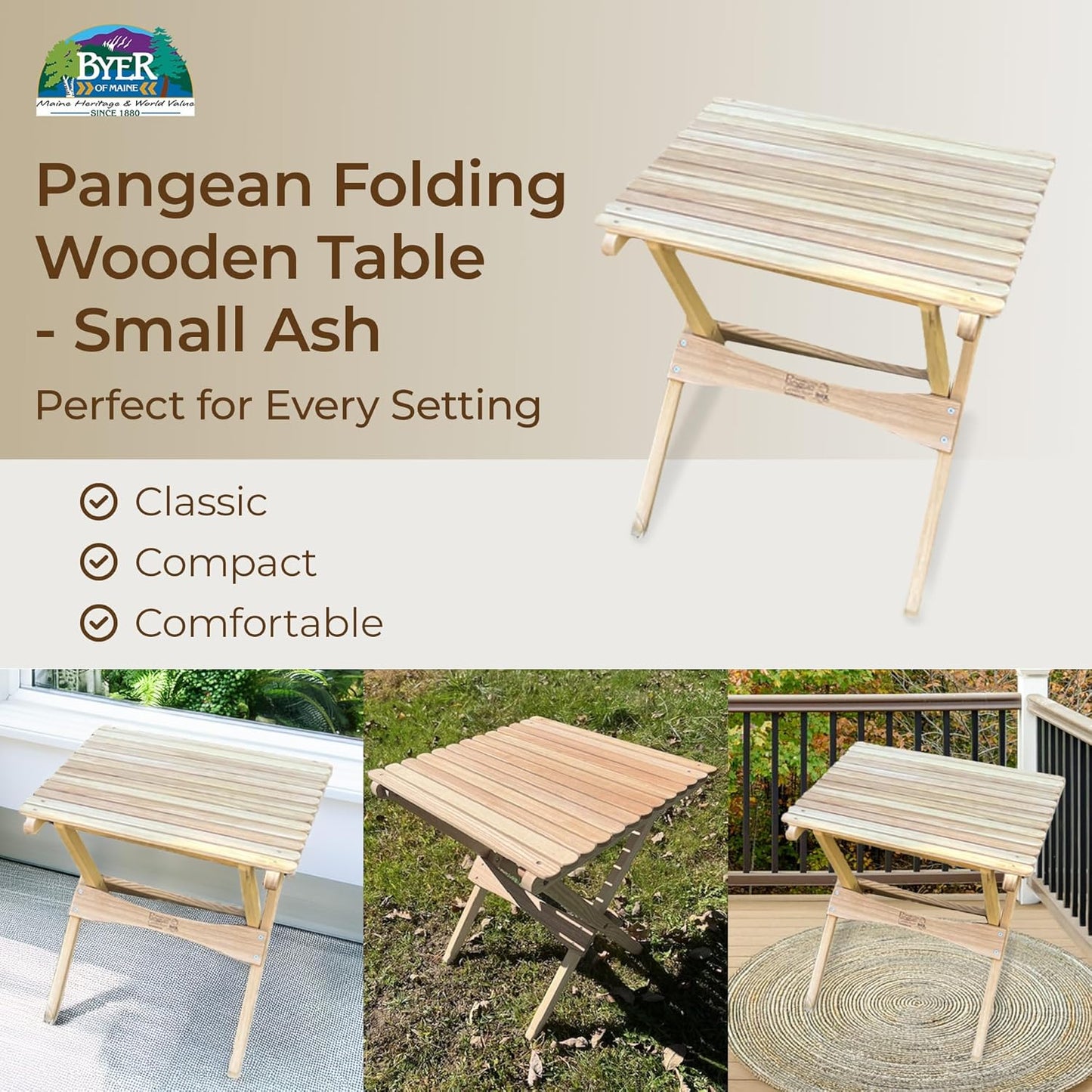 BYER OF MAINE - Pangean Folding Wooden Table, Hardwood Portable Table for Deck, or Camping, Use Indoors or Outdoors - 18" H x 16" W x 16" D