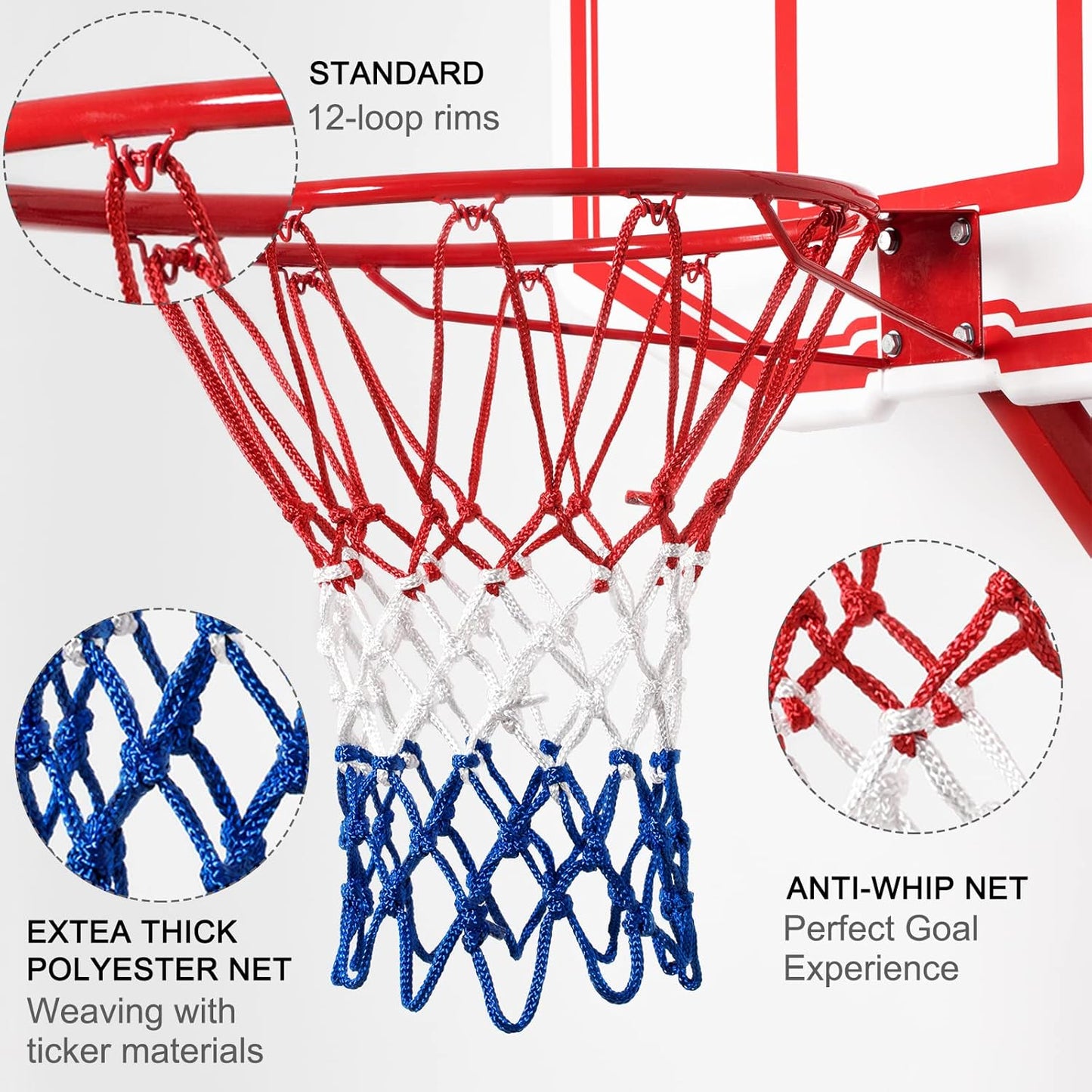 Heavy-Duty Basketball Net Replacement | All-Weather Anti-Whip | 12 Loops (Red/White/Blue)