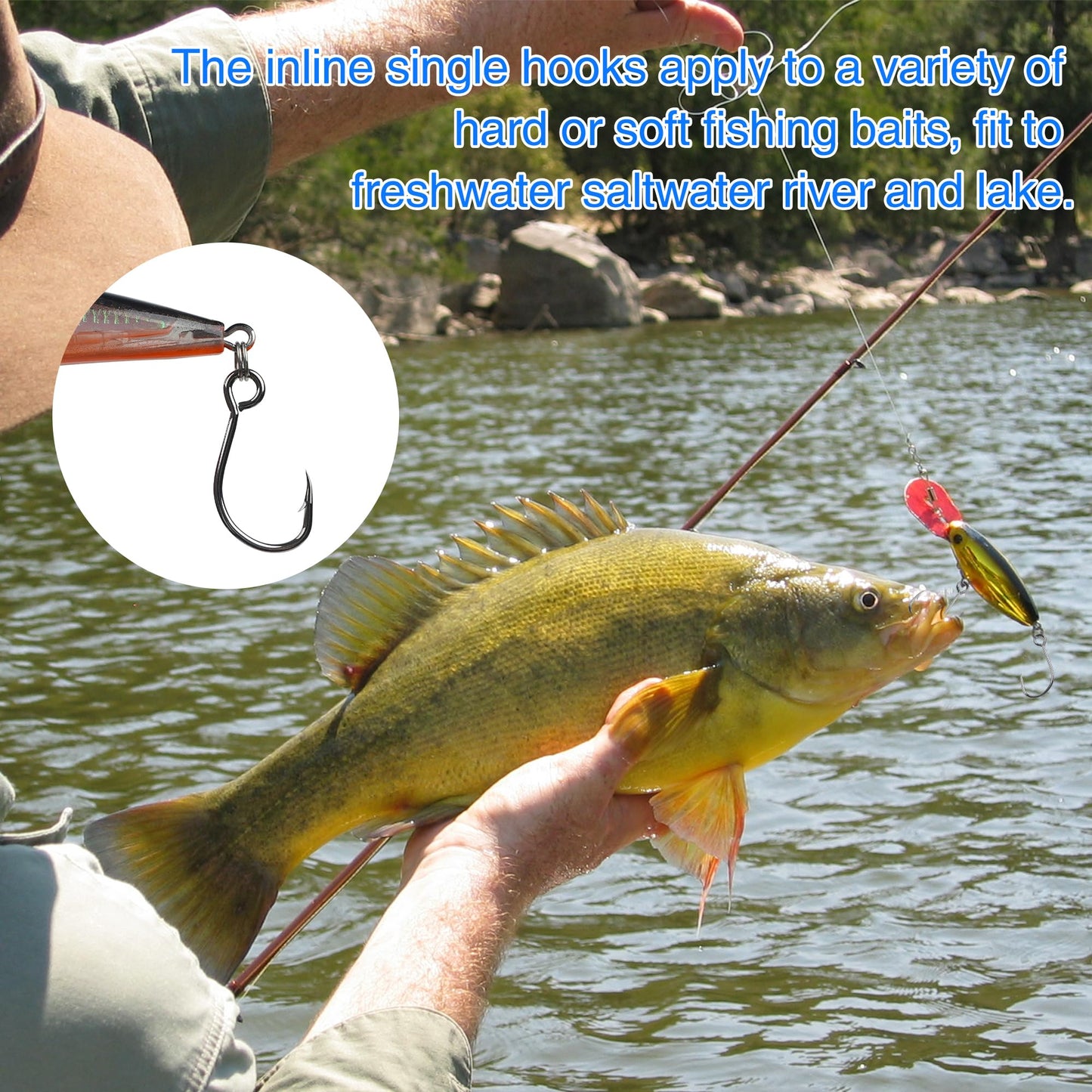 Inline Single Hooks Kits,Single Replacement Fishing Hooks for Lure Plugs Baits High Carbon Steel Inline Circle Hooks Large Eyes Saltwater&Freshwater 50PCS