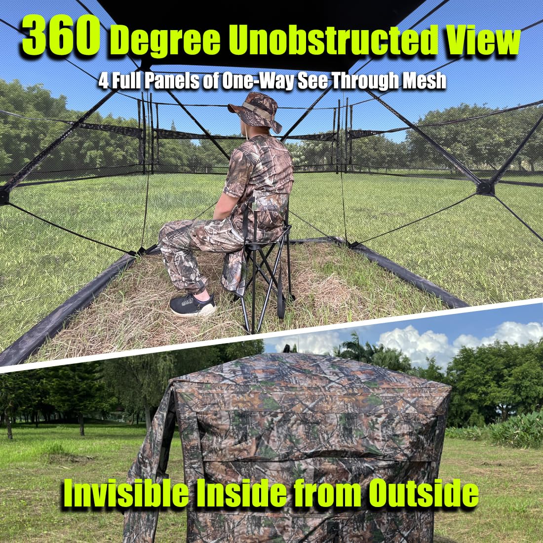 LUCKUNTER 360 Degree See Through Hunting Blind 2-3 Person Ground Camouflage Pop Up Hunting Blind for Turkey Deer Hunting (58X58X67)