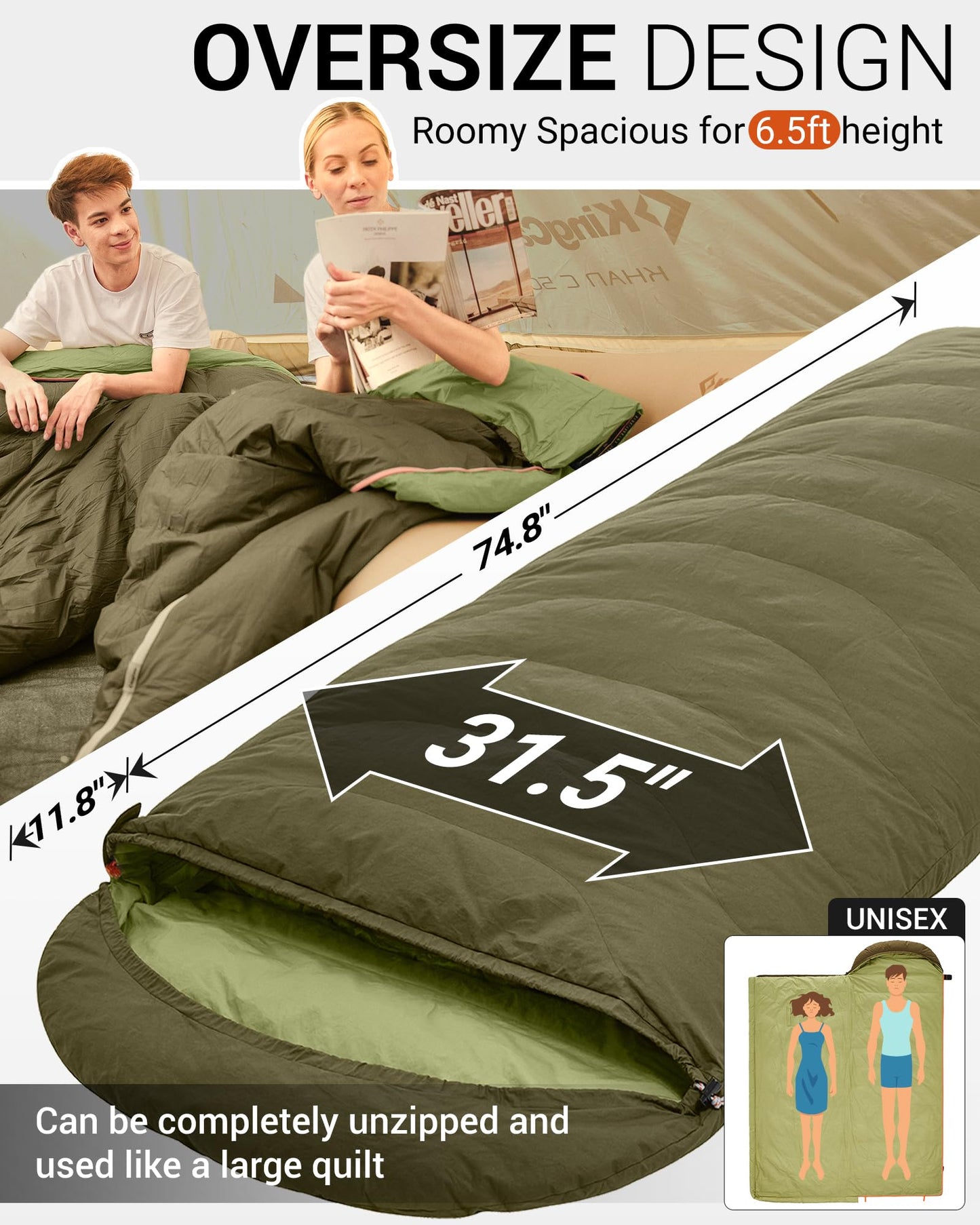 KingCamp Down Sleeping Bag for Adults, Recycled 700 FP Cold Weather 3-4 Season Sleeping Bag, Ultralight & Compact with Compression Sack for Backpacking, Camping, Hiking