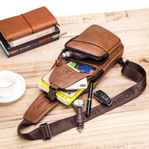 Pundarika Leather Sling Bag for Men - Crossbody Shoulder & Chest Bag; Multifunctional Travel & Hiking Backpack - Black