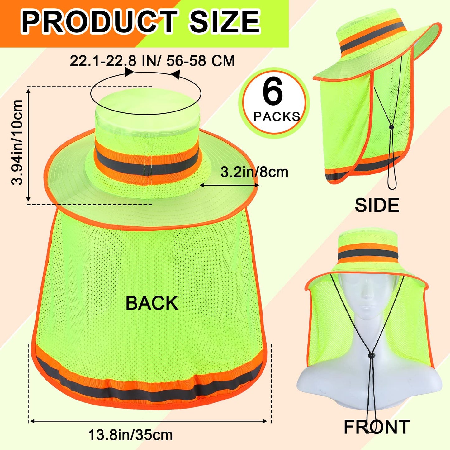 Jexine 6 Pcs Reflective Safety Hat High Visibility Neck Flap Boonie Hat Wide Brim Work Hats Breathable Bucket Cap for Worker (Yellow)