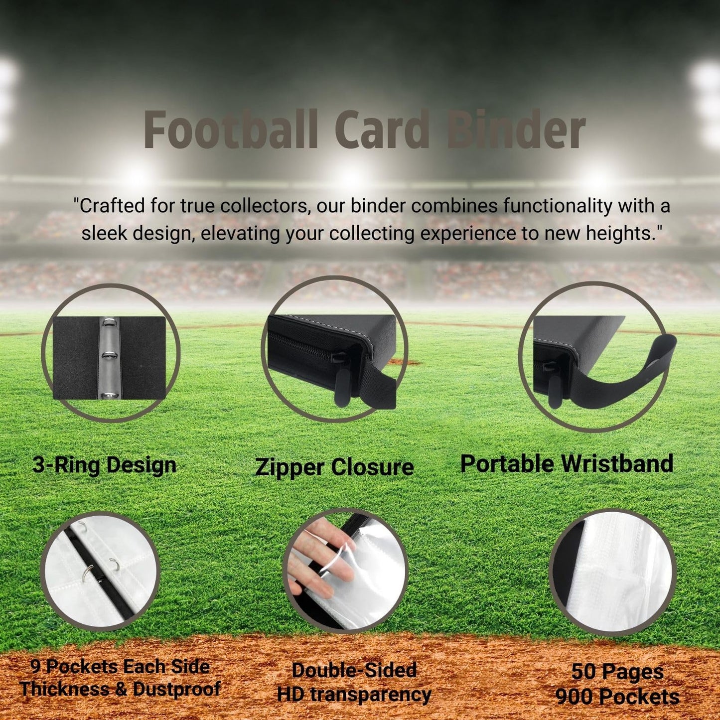 2025 Football Card Binder Trading Card Binder Holder 900 Pockets, Fits 900 Cards with 50 Removable Pages, Football Card Gifts Collector Album with Zipper Storage Display Case