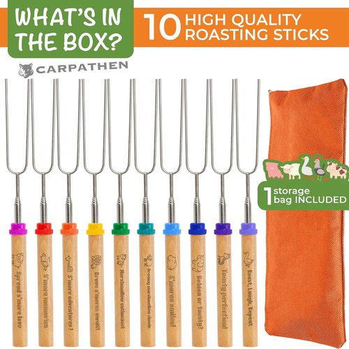 CARPATHEN Marshmallow Roasting Sticks - Set of 6 Premium Rotating Smores Sticks - Extra Long Telescoping Marshmallow Sticks for Fire Pit, Campfire & Bonfire - Camping Accessories