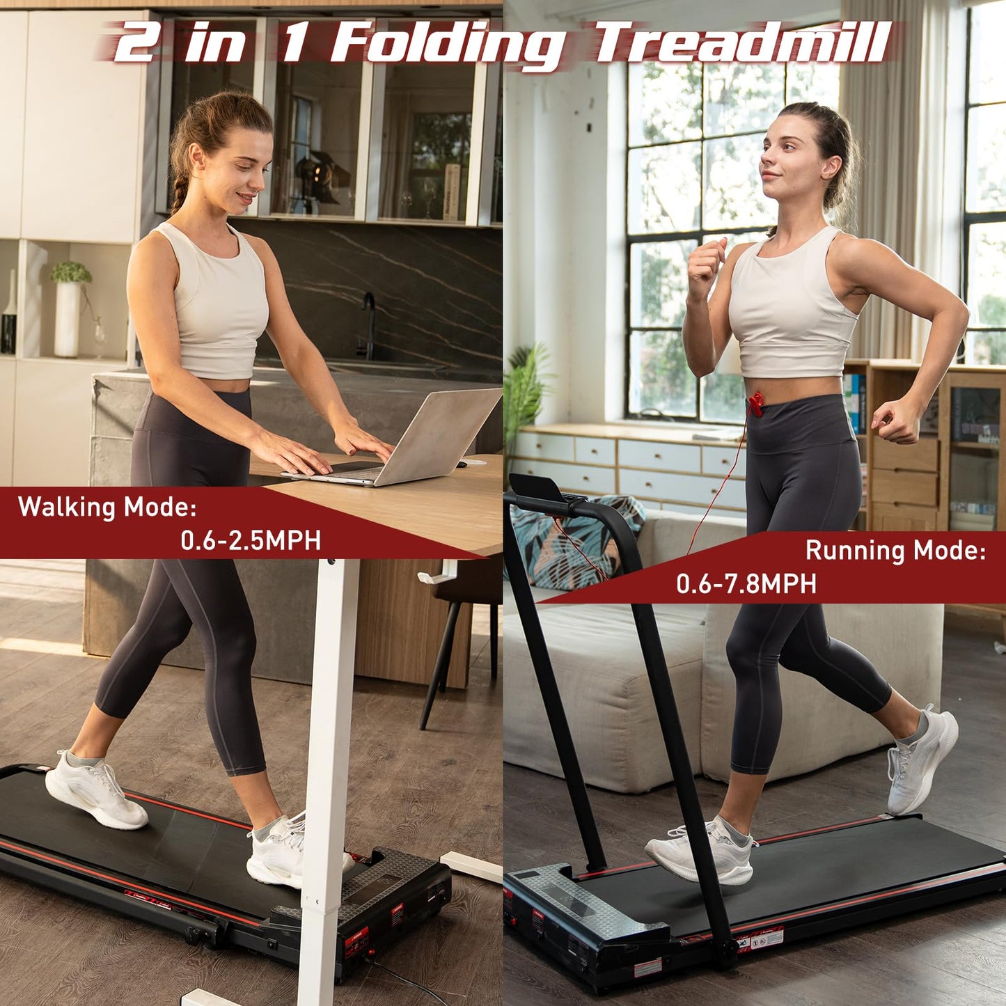 CITYSPORTS Folding Treadmill, 2 in 1 Folding Treadmill, Under Desk Folding Treadmill, Foldable Walking Pad with Handler, Running Treadmill