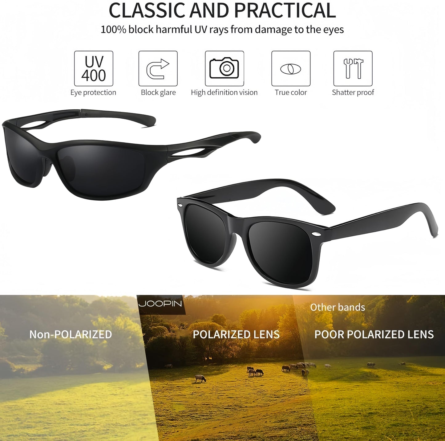 Joopin Vintage Square & Wrap Around Sports Sunglasses Bundle, Trendy Dark Black Sun Glasses Polarized UV400 Protection Retro Shades for Men Women Shady Rays