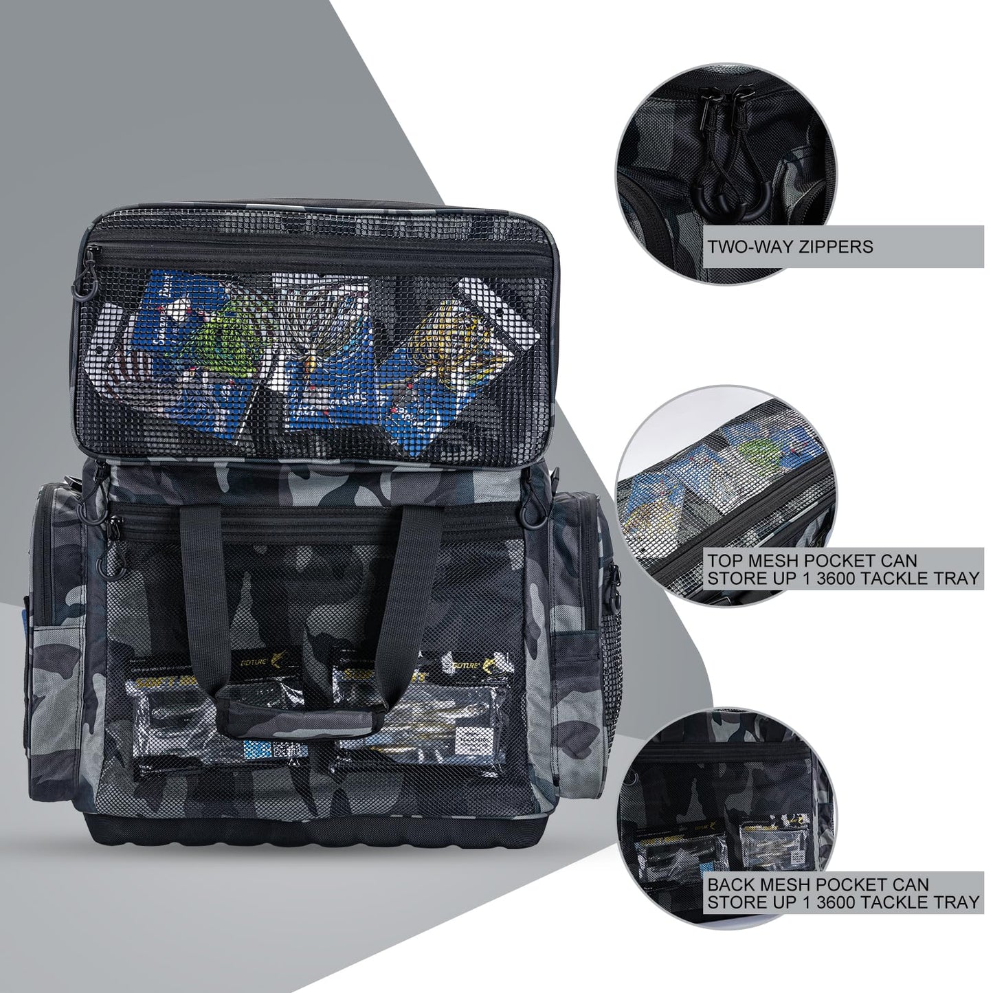 Goture Large Tackle Bag,Store Up to 8PCS 3700 Plus 4PCS 3600 Tackle Trays(Not Included),Water Resistant Saltwater Gear Storage Big Fishing Bag with EVA Bottom,Gifts for Men(21.65"x11.8"x15.16")-Camo