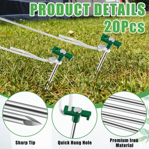 Loccmat 20 Pcs Metal Tent Stakes Heavy Duty,10 inch Camping Stakes Tent Pegs with 4x10ft Ropes,Galvanized Non-Rust Camping Tent Stakes,Pop Up Canopy Stakes,Tent Spikes for Outdoor Camping,Green