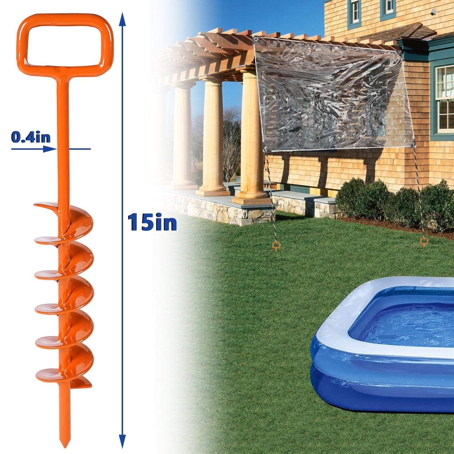 2025 Heavy Duty Ground Anchors Screw in - Tent Stakes Heavy Duty, Orange Spiral Stakes for Trampoline, Camping & Hard Ground, Mobile Home Anchors (6PCS,15in)