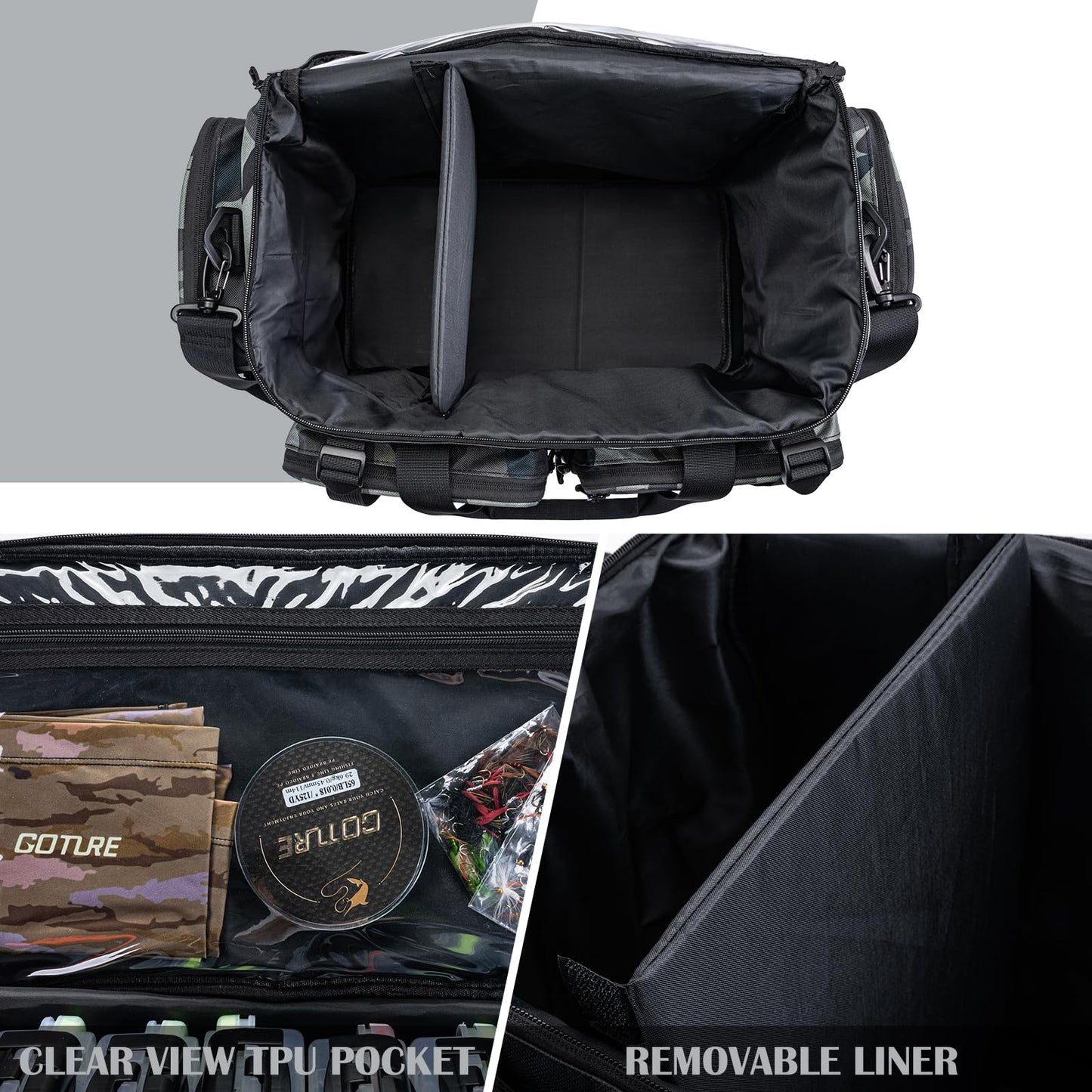 Goture Large Tackle Bag,Store Up to 8PCS 3700 Plus 4PCS 3600 Tackle Trays(Not Included),Water Resistant Saltwater Gear Storage Big Fishing Bag with EVA Bottom,Gifts for Men(21.65"x11.8"x15.16")-Camo