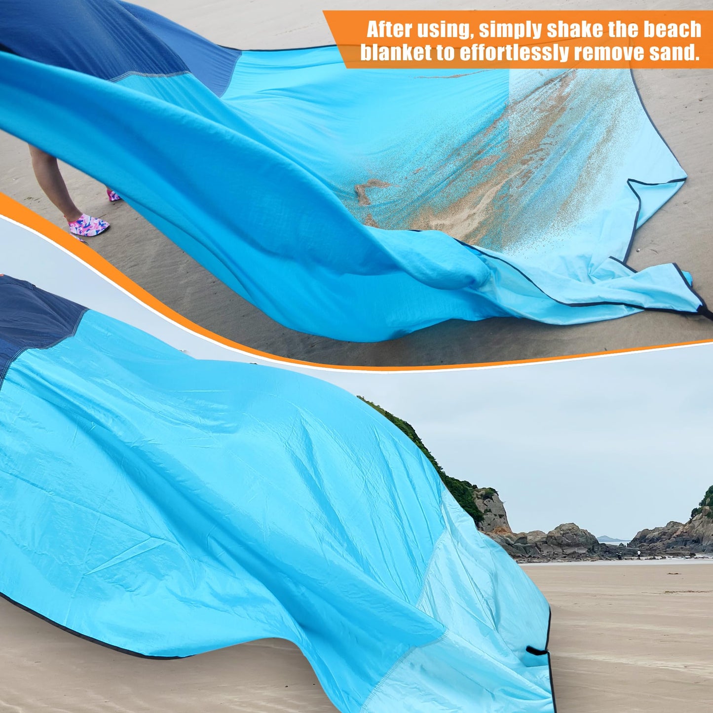 AnorTrek Beach Blanket Sandproof, Extra Large Beach Mat, Sand Free Mat Quick Drying, Lightweight, Soft & Durable Mat for Beach, Yard (Dark Blue & Blue, 10 x 10 FT (1~9 Person))