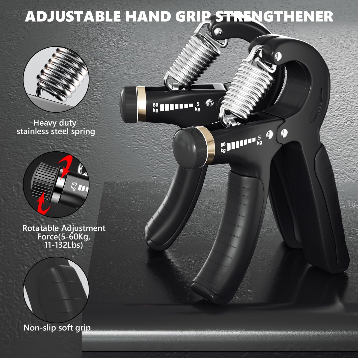 Hand Grip Strengthener Workout Kit Kit (8-Piece), 2 Adjustable Resistance Forearm Grippers, 2 Finger Stretchers, 2 Grip Rings and 2 Stress Relief Grip Balls for Muscle Building and Injury Recovery