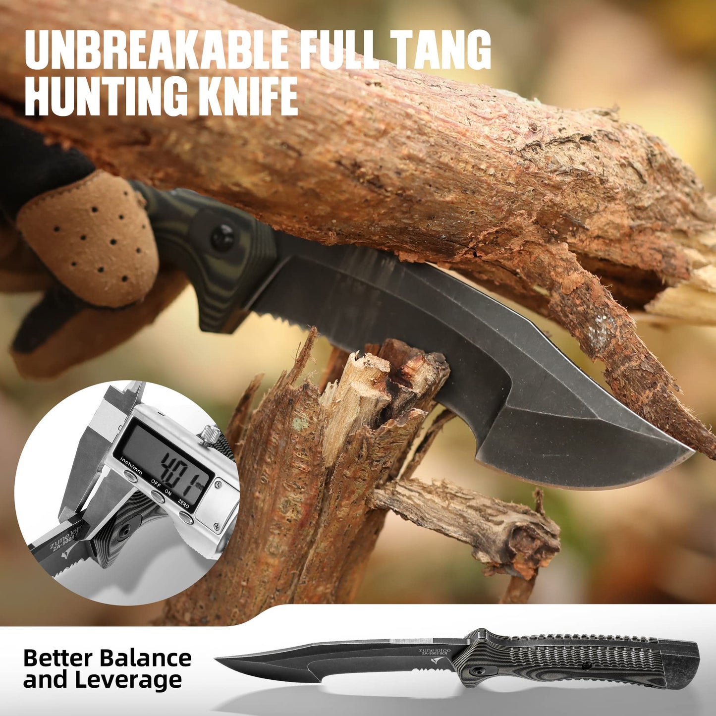 ZUNE LOTOO Full Tang Fixed Blade Tactical Knife for Men, 9.4" Bowie Knife with Kydex Sheath & G10 Handle, 8Cr14mov Survival Hunting Knives for Bushcraft Camping Outdoor Skinning
