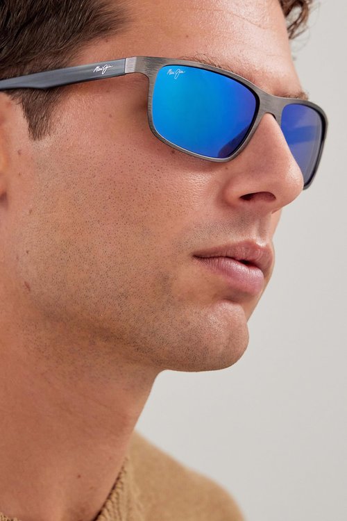 Maui Jim Men's Anemone Polarized Rectangular Sunglasses, Brushed Dark Gunmetal/Blue Hawaii, Medium