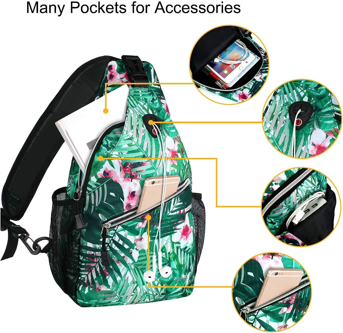 MOSISO Sling Backpack,Travel Hiking Daypack Pattern Rope Crossbody Shoulder Bag, Palm Leaf Flower