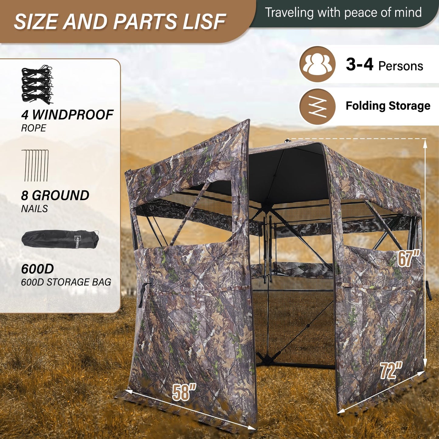 ANWEOR 360 Degree See Through Hunting Blind 3-4 Person Easy Pop Up Ground Blinds with Carrying Bag Portable Resilient Hunting Blind for Deer Hunting Turkey Hunting