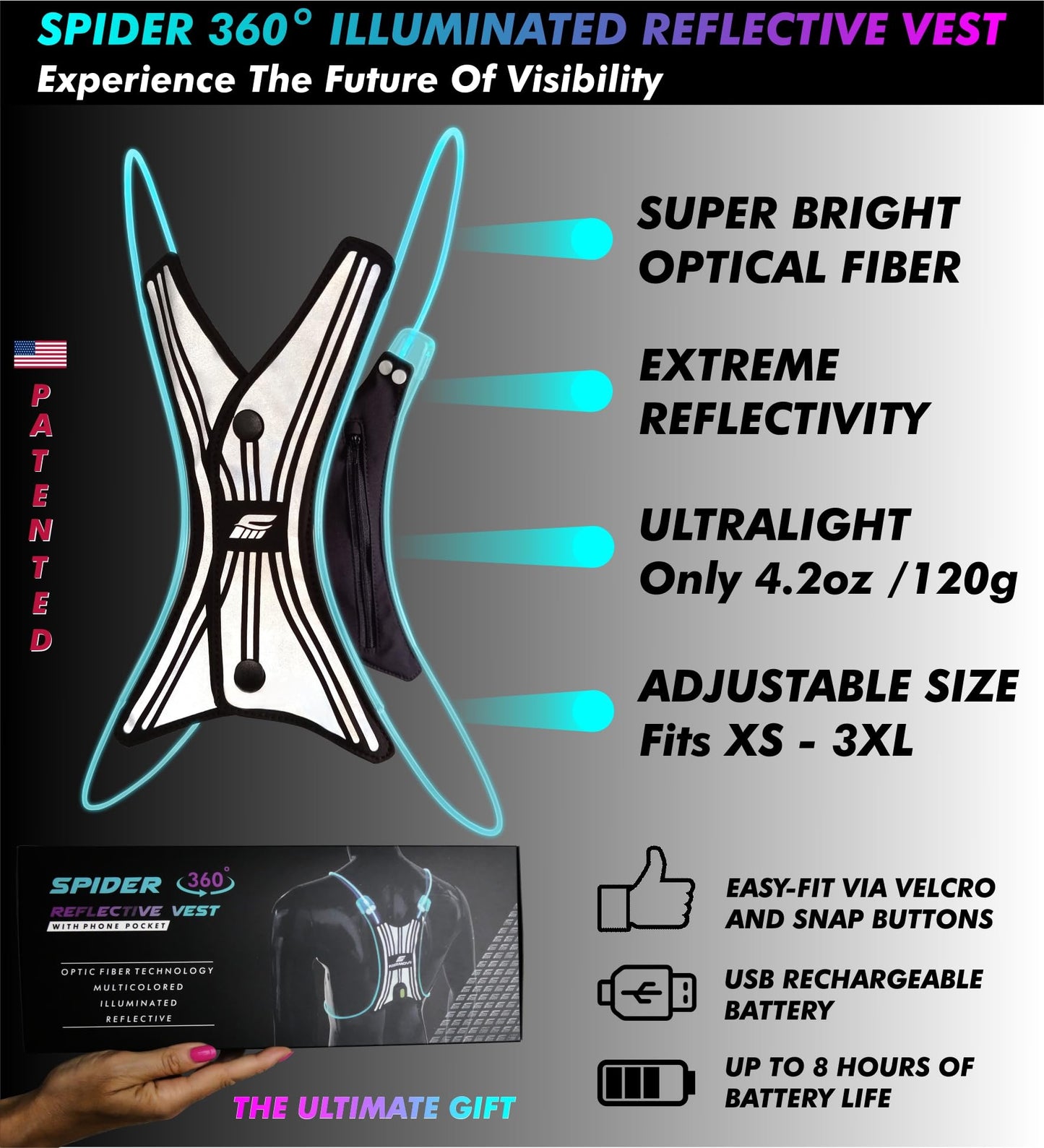SPIDER Reflective Lighted Running Vest - Optic Fiber Technology, Bright, 360° Visible, Ultralight, Phone Pocket, Fully Adjustable Size XS-3XL - Reflective Running Gear for Safe Night Sports & Walking