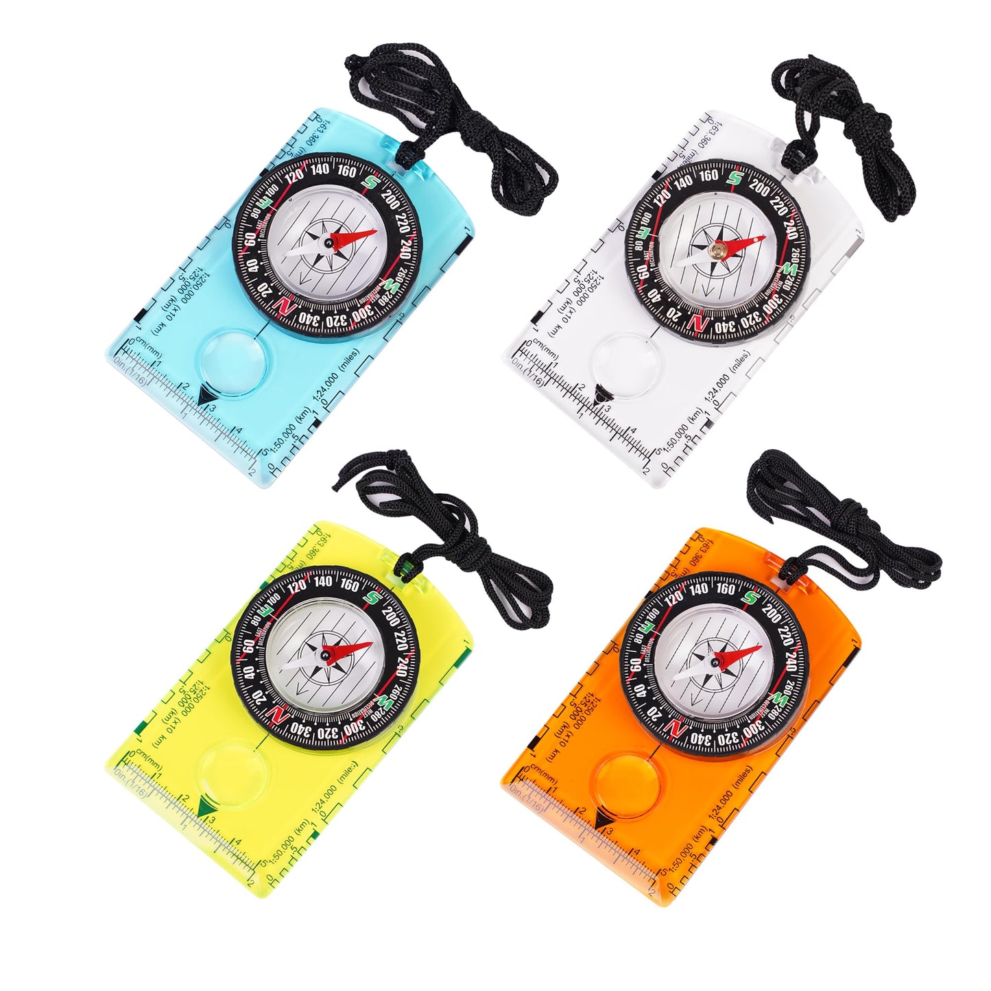 4 Pcs Outdoor Compass with Adjustable Declination,Magnifier,Ruler,Scale. Multifunctional Orienteering Waterproof Compass for Map Reading, Navigation, Hiking (Transparent+Blue+Green+Orange)