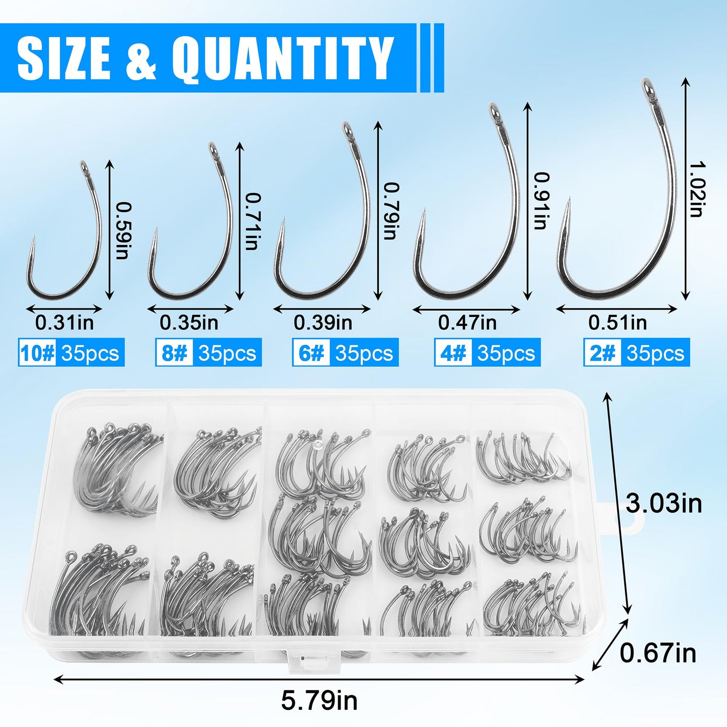 175pcs Barbless Fishing Hook Kits,Small Size Carp Fishing Hooks Curve Shank Crank and Wide Gape Fly Tying Hooks Circle Hook with Tackle Box Size 2#,4#,6#,8#,10#