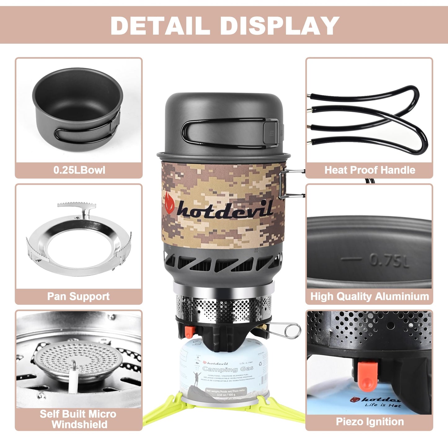 0.75+0.25L Backpacking Camping Stove Cooking System with Piezo Ignition, Outdoor Portable Burner with Pot & Metal Holder Camping Stove Kit Propane, Ideal for Hiking Fishing Hunting Emergency