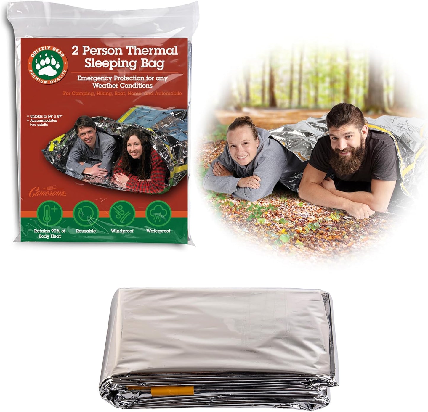 Emergency Thermal Mylar 2 Person Sleeping Bags -Ultra Compact for Camping, Survival, Disaster Bivouac Shelter- Pocket Sized, 7.25ft x 5.25ft - Retains 90% of Body Heat and Repels Wind & Water